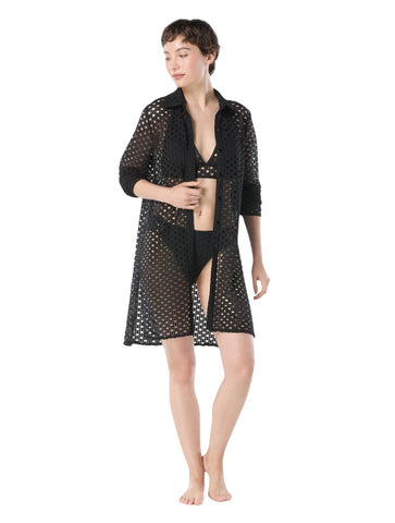 Carmen Marc Valvo Crochet Button-Up Cover-Up Shirt C21835 Black L