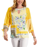 JM Collection Womens Printed Keyhole 3/4 Sleeve Top Lemon Yellow Ice Combo PS