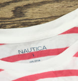 Nautica Womens Cotton Striped Crewneck T-Shirt Honeysuckle Pink / White Stripe L