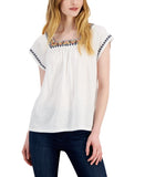 Style & Co. Womens Embroidered Flutter-Sleeve Top Bright White Multi S