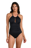 La Blanca Island Goddess High Neck Keyhole Mio One Piece Swimsuit Black 8