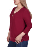Ny Collection Womens Long Sleeve Crepe Knit Zipper V-Neck Tee Burgundy Red 1X