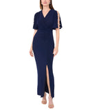 MSK V-Neck Rhinestone Ladder Trim Side Slit Evening Gown Dress Navy Blue S