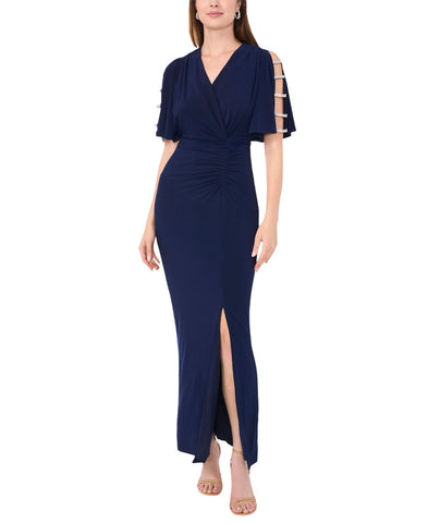 MSK V-Neck Rhinestone Ladder Trim Side Slit Evening Gown Dress Navy Blue S