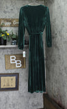 MSK Womens Long Sleeve Belted Waist Stretch Velvet Shift Dress Emerald Green L