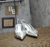 INC International Concepts Slingback Pumps Kitten Heels Silver Crinkle Gray 9.5M