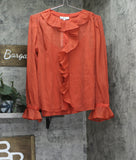 Sam Edelman Jasleen Ruffled Long Sleeve Button Front Top Blouse Red Orange S