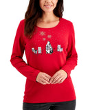 Karen Scott Womens Holiday Christmas Long Sleeve Festive Print Top Red Penguin M