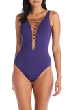 Bleu By Rod Beattie Kore Lace-Down Plunge One-Piece Swimsuit Purple Haze 4