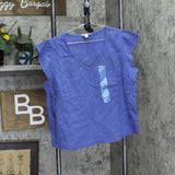 Three Dots Short Sleeve V-Neck Double Layer Cotton Gauze Shirt Periwinkle Blue L