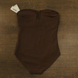 DKNY Womens Textured Shirred One-Piece Bandeau Swimsuit Mocha Texture Brown L