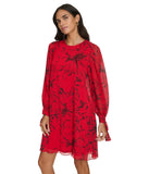 Calvin Klein Floral Chiffon Sheer Sleeve Jewel Neck Shift Dress Red / Black 6
