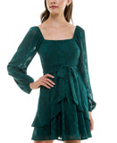Trixxi Tie Waist Ruffled Jacquard Fit Flare Sheer Sleeved Dress Hunter Green L