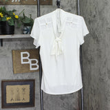 Ny Collection Short Sleeve Knit Top with Chiffon Shoulders Ivory Off White 1X