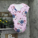 Motherhood Maternity V-Neck Side Ruched Maternity Tee Pink Print Stripe M
