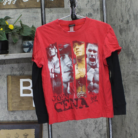 WWE Y2K Boys Faux Layered John Cena Graphic Tee Red / Black See Measurements