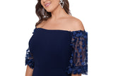 Xscape Plus Size Long Illusion Sleeve Off The Shoulder Dress Gown Navy Blue 18W