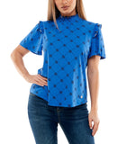 Adrienne Vittadini Womens Knit Short Sleeve Smocked Neck Top Blue / Black XL