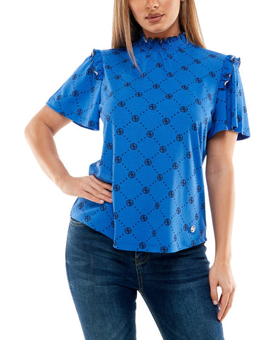 Adrienne Vittadini Womens Knit Short Sleeve Smocked Neck Top Blue / Black XL