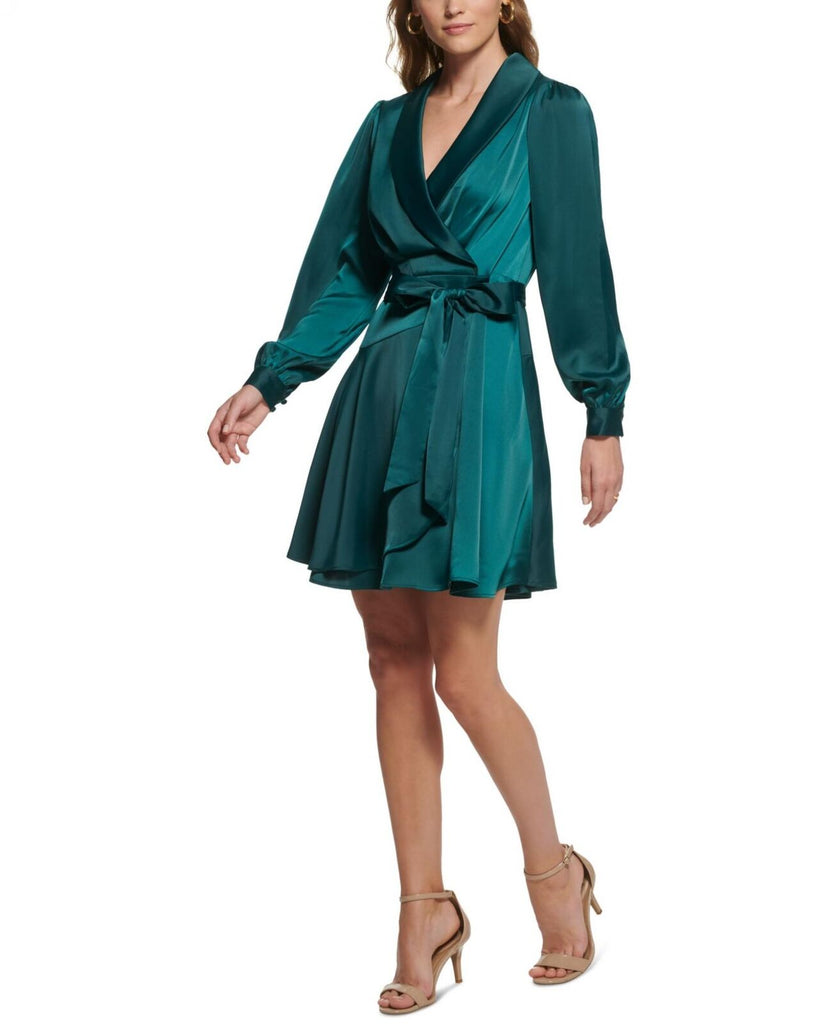 Vince Camuto Satin Shawl-Collar Fit & Flare Dress VC2M3970 Hunter Gree Biggybargains Vince Camuto Satin Shawl-Collar Fit & Flare Dress VC2M3970 Hunter Gree Biggybargains