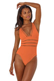 Becca Modern Edge Ribbed Cut-Out One Piece Swimsuit 541357 Coral Rose Orange L