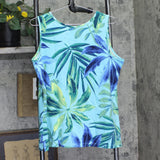 Denim & Co. Knit Palm Print Sleeveless Tank Top Blue Multi L