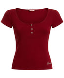 Guess Women's Karlee Jewel-Button Ribbed Henley Top W2YP24KBCO2 Beet Juice Red S