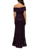 Xscape Womens Long Off-The-Shoulder Lace Dress Gown 4618X Mulberry Purple 14