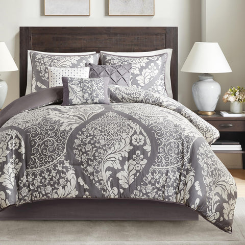 Madison Park Vienna Sateen Cotton 7-Piece Comforter Set Vienna Grey Queen