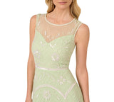 Adrianna Papell Sequin Beaded Midi Dress Gown Aloe Mist Green / Ivory 14