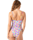 Roxy Womens One-Piece Swimsuit Cheeky Ruched Side Tie Olive Green Multi L