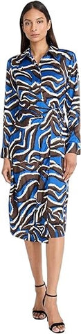 Donna Morgan Womens Long Sleeve Collared Wrap Midi Dress Blue / Black Multi 16