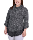 Ny Collection Roll Tab Long Sleeve Cowl Neck Pullover Sweater Black Multi 1X