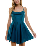 City Studios Juniors Draped Sleeveless Satin Fit Flare Dress Teal Blue Green 7/8