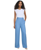 Calvin Klein Womens Linen-Blend Wide-Leg Pants S43PA994 Bayour Blue 16