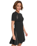 DKNY Womens Short Sleeve Leather Detail Flare Sheath Dress DD3J1489 Black 10