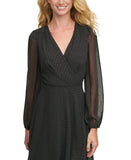 Tommy Hilfiger Womens Long Sleeve Sheer-Sleeve Surplice Dress Black / Gold 12