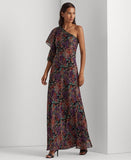 Lauren Ralph Lauren Floral Crinkle Georgette One Shoulder Dress Black Multi 0
