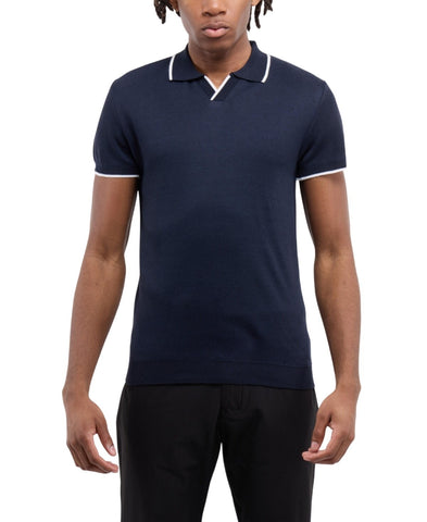 Spring + Mercer Collar Short Sleeve Sweater Polo Shirt Navy Blue / White XL
