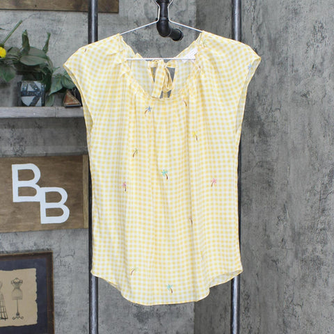 LC Lauren Conrad Womens Tie Neck Embroidered Plaid Shirt Top Yellow Gingham M