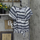 Peck & Peck Tie Front Knit Lightweight Elastic Neck Shirt Gray / Dark Blue M