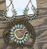 Premier Designs Gemstone Necklace and Dangle Earrings Set Gold / Blue 35" + 4"