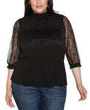 Belldini Mixed-Media Embellished Knit Peplum Top with Lace Sleeves Black 1X