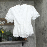 Aqua Embroidered Lace Button-Down V-Neck Top IBO27123 White 2XS