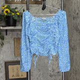 Ruched Back Cold Shoulder Long Sleeve Blouse Shirt Top Blue See Measurements