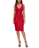 Siena Womens V-Neck Embroidered-Mesh Sleeveless Dress SATP1831 Red / Black 14