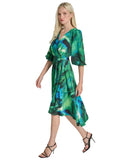 DKNY Womens Printed Sash Tie V Neck Tulip Hem Midi Dress Black / Green 6