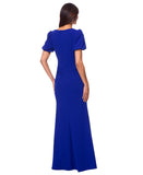 XSCAPE Womens Petite Puff-Sleeve Ruffled Gown Dress Eleni Marine Blue 12P