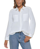 Calvin Klein Womens Long Sleeve Padded Shoulder Blouse M1LA8636 Soft White M