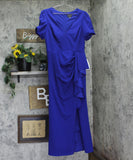 Xscape Petite Scuba Crepe V Neck Ruffled Puff Sleeve Dress Gown Marine Blue 14P